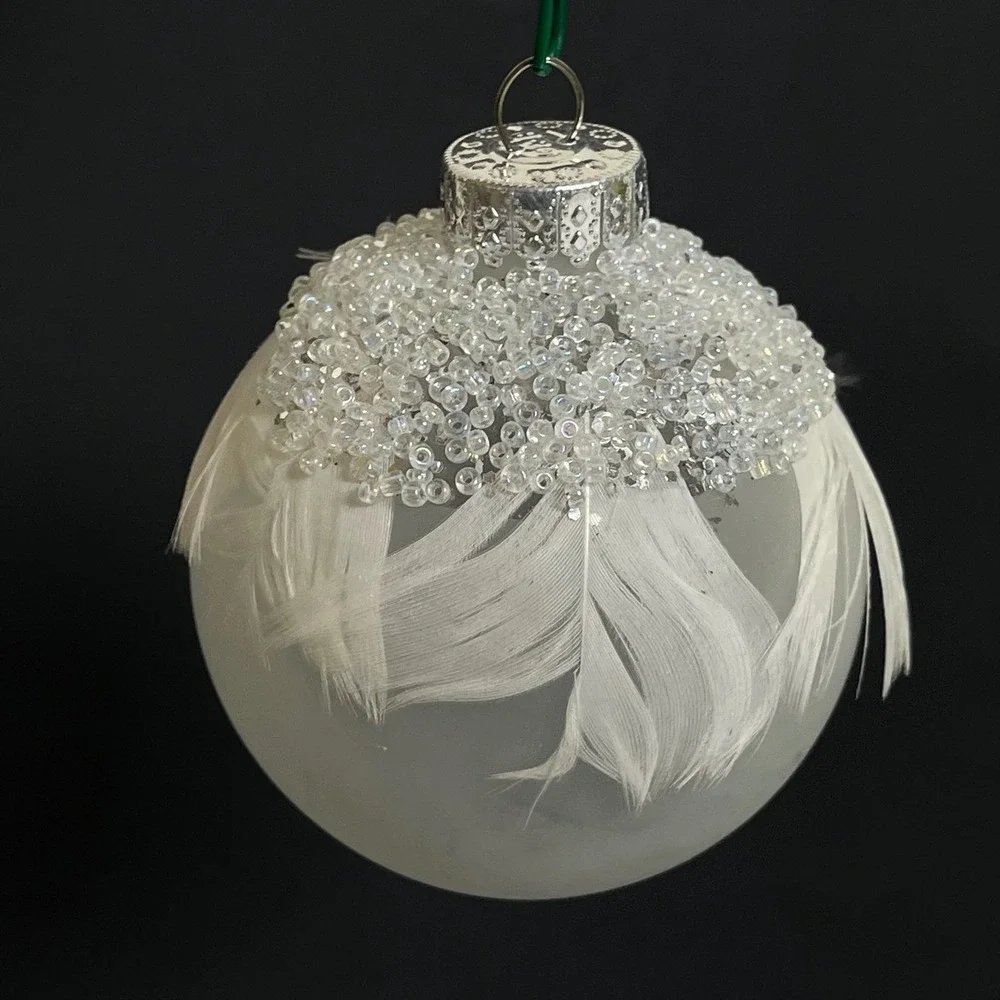 Crate & Barrel Christmas Ornaments White Frosted Glass Beaded Feather Set of 2